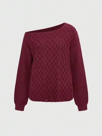 Femmes Casual Épaule Oblique Manches Longues Tricot Câble Pull, Automne/Hiver
