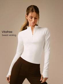 GLOWMODE Slim Fit Warm Waist Length 1/4 Zip Knit Long-Sleeve Top With Thumbholes Running Jogging Hiking Gym Training Daily Active Wear Sweat-Wicking - White - View 1