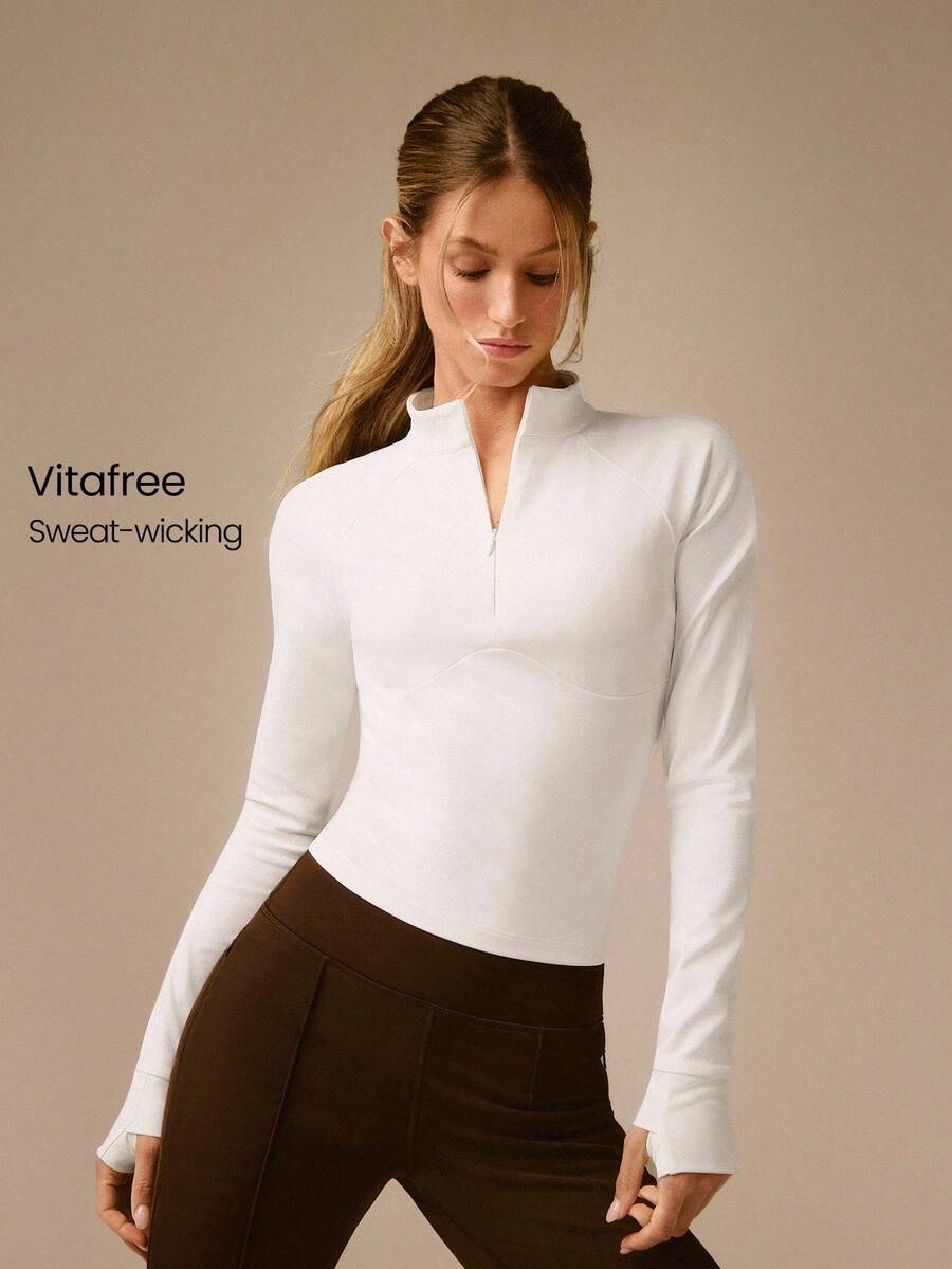 GLOWMODE Slim Fit Warm Waist Length 1/4 Zip Knit Long-Sleeve Top With Thumbholes Running Jogging Hiking Gym Training Daily Active Wear Sweat-Wicking - White - View 1