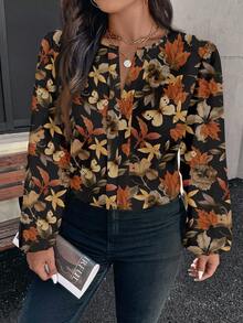 EMERY ROSE Casual Elegant Maple Leaf & Floral Pattern Round Neck Long Sleeve Plus Size Blouse, Black,Autumn,Boho, Formal Chic Brown Blouse,Fall - Multicolor - View 5