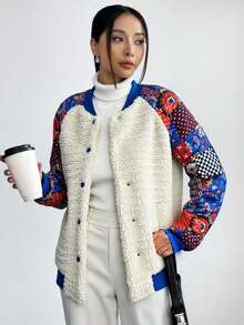 SHEIN Cottnline Patchwork And Faux Fur Detailed Front Snap Buttoned Women's Bomber Jacket With Two Side Pocket - Multicolor - View 4