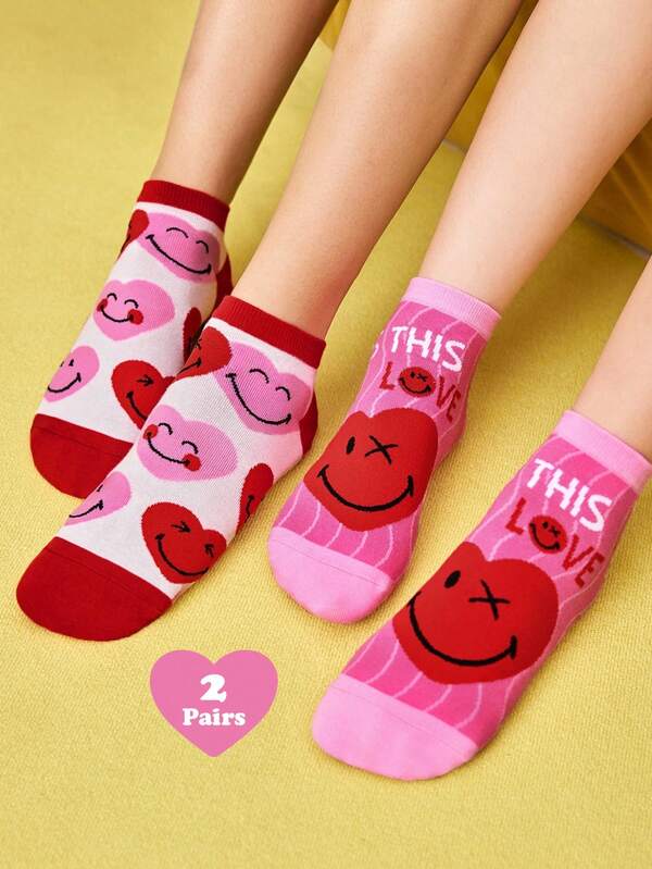 SmileyWorld® | SHEIN 2 Pairs Soft & Breathable Moisture-Wicking Casual Women Ankle Socks With Love Heart Pattern Fashionable And Cute White & Red Short Socks Reinforced Toe & Heel For Durabiliy All Season All-Match Summer Winter