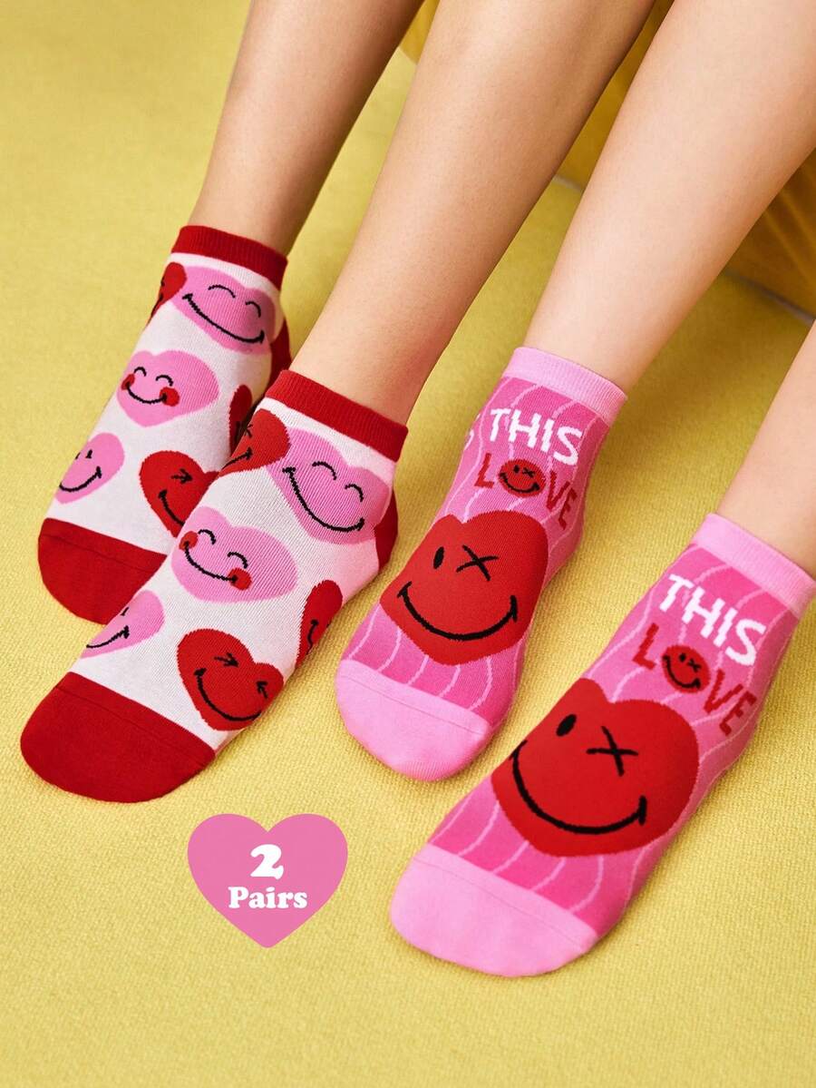 SmileyWorld® | SHEIN 2雙女款柔軟透氣吸濕休閒短襪,心形圖案時尚可愛,白色與紅色,加強腳趾與腳跟耐穿,四季百搭,適合夏季與冬季 - 彩色 - 查看 1
