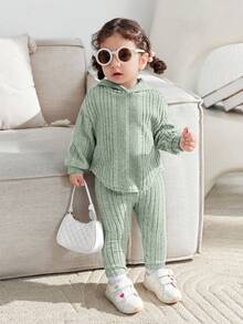 SHEIN Baby Girl Casual Solid Color Hoodie Top And Pants Set, Autumn - Green - View 3