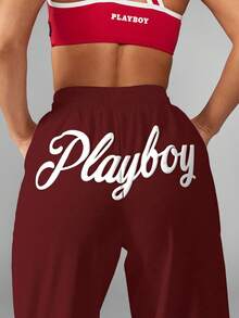 Missguided x Playboy 品牌超大阔腿慢跑裤高腰宽松休闲裤带抽绳休闲舒适秋冬街头服饰 - 酒紅色 - 查看 4