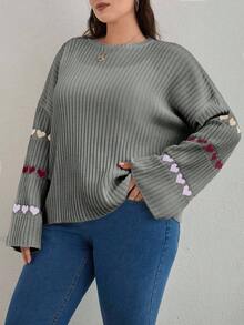 EURMUSE Heart Patterned Flared Sleeve Ribbed Knit Sweater - Multicolor - View 5