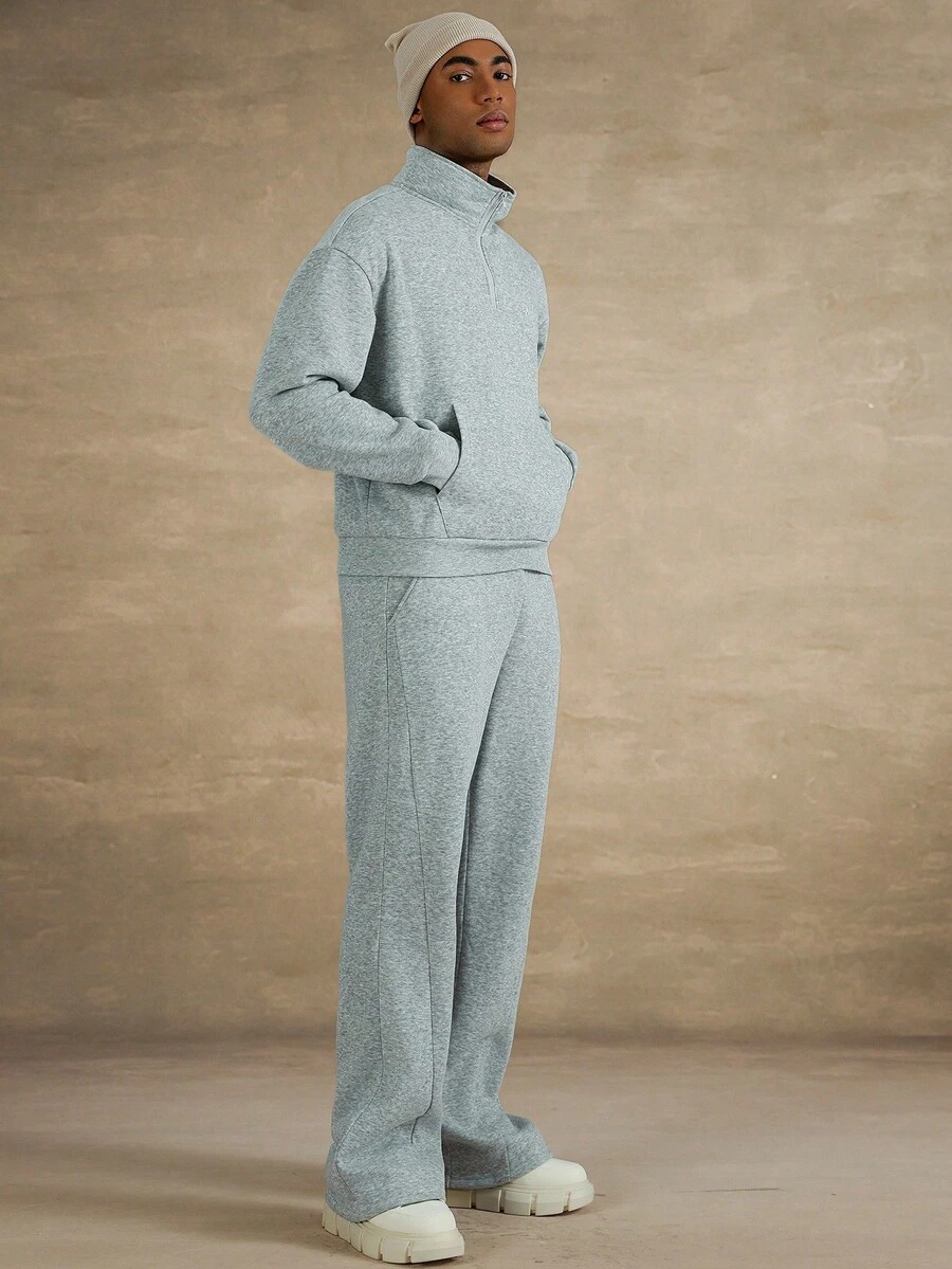 STYNVO 男士纯色简约休闲立领长袖卫衣和裤子套装针织套装裤套装两件套男士运动服秋装冬季 - 灰色 - 查看 1
