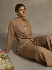 EMERY ROSE Plus-Size Women's Woven Regular Autumn/Winter Comfortable Casual Commuting Hem Cross-Tie Long-Sleeve Shirt Wide-Leg Pants Brown Two-Piece Set - Brown - View 6