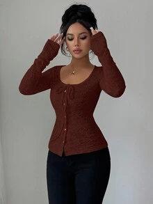 SHEIN LUNE 女士休闲纯色修身长袖系带T恤 - 棕色 - 查看 3