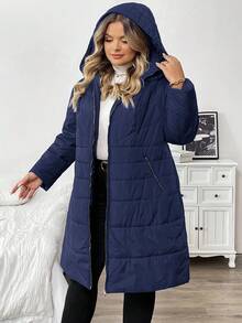 SHEIN CURVE+ Plus Size Women's High Neck Padded Coat With Belt, Pocket, Hood, Casual, Comfortable, Warm, Slim Fit/ Winter - Navy Blue - View 7