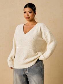 SHEIN VCAY Plus Size Rhinestone Embellished Sweater, Fashionable For Autumn/Winter - Apricot - View 3