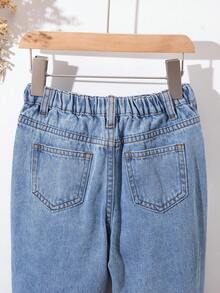 SHEIN 少女彩色心形刺绣宽松喇叭牛仔裤，蓝色 - 淺色水洗藍 - 查看 8