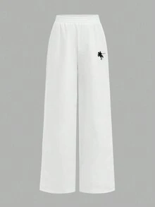 少女双面腰带，字母刺绣休闲阔腿裤，适合日常穿着、冬季、母女装，时尚秋季母女白色宽松阔腿裤 - 白色 - 查看 4