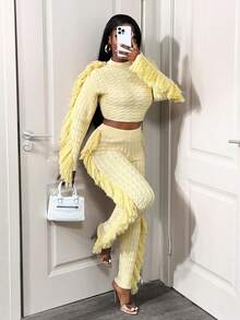 BamGleam Women's Elastic Waist Fringe Design Knitted Long Pants, Autumn/Winter