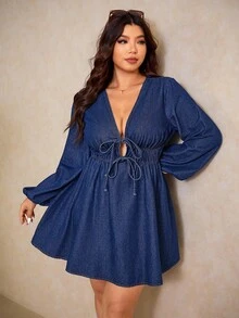 Elaquor Váy denim tay loe thời trang cỡ lớn đi làm - Màu xanh lam - Xem 3