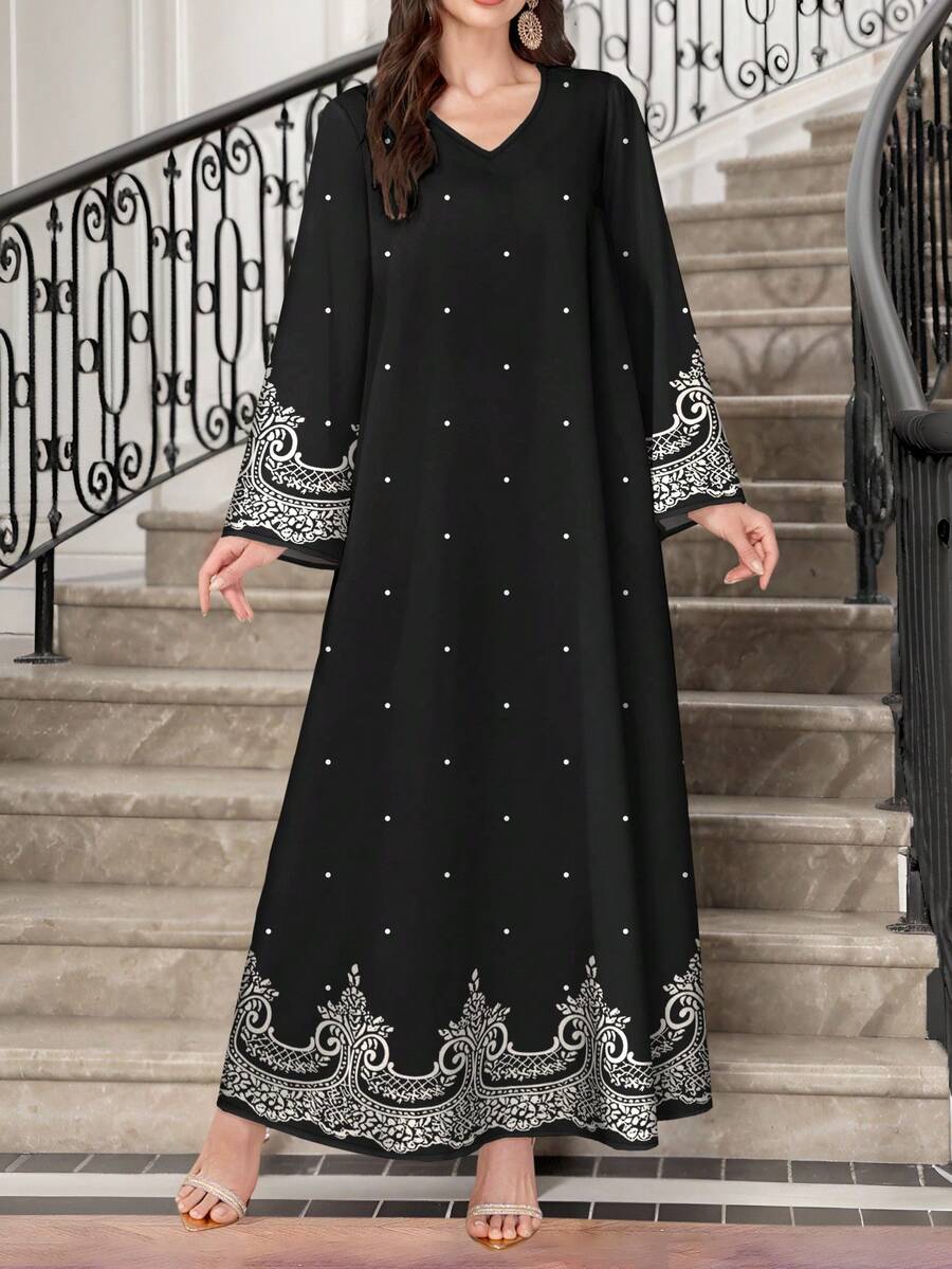 SHEIN Najma Women's Floral Print White Polka Dot Black Fashion Long Sleeve Elegant Arabic Style Maxi Dress, Spring/Autumn