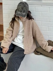 DAZY 秋冬款 Tween Girl 纯色落肩长袖拉链休闲羊毛夹克 - 卡其色 - 查看 6