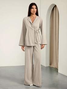 SHEIN Tall Women Autumn And Summer Elegant Leisure Vacation Commuting Office Old Money Lapel Waist Tie Loose Linen Shirt Jacket And High Waist Casual Trousers Khaki Two Pieces Suit Outfits,Graduation,Teacher Outfits For Women,Back To School, Fall Women Clothes, Old Money, Office Outfits - Khaki - View 8