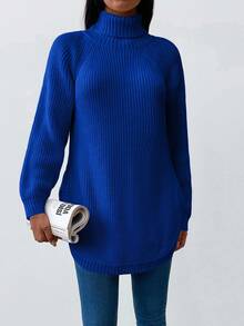 EURMUSE Women's Solid Color High Neck Raglan Sleeve Loose Casual Versatile Sweater - Royal Blue - View 4