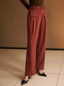 MOTF PREMIUM WOMEN'S STRAIGHT-LEG CASUAL TROUSERS, SLIMMING SILHOUETTE, AUTUMN/WINTER, BROWN-RED COLOR - Clay Red - View 4