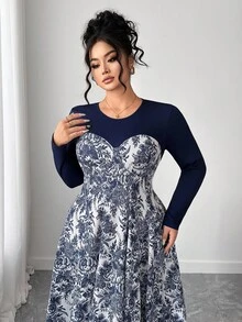 SHEIN Elenzya 大码女式圆领撞色复古印花优雅派对长袖超长连衣裙，春夏秋季 - 藍色 - 查看 7