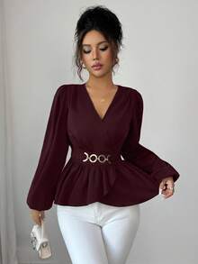 Elenzga Women's Satin V-Neck Cinched Waist Round Ring Decor Long Sleeve Blouse, Elegant & Sophisticated,Fall Women Clothes,Autumn Clothes ,Winter Outfit For Women ,School Clothes,Concert Tops,Christmas,Business Casual Woman ,Teacher Outfits For Women,Going Out Tops,Casual.