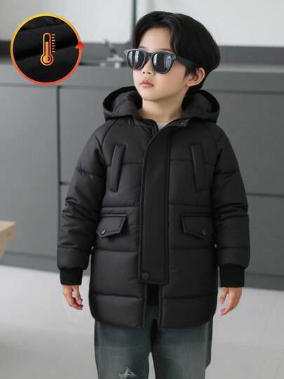 Genkimix Kids 1pc Young Boy Winter New Long Hooded Zipper Front Closure Cuff Ribbed Pocket Decor Thicken Warm Simple Stylish Parka Coat Fall