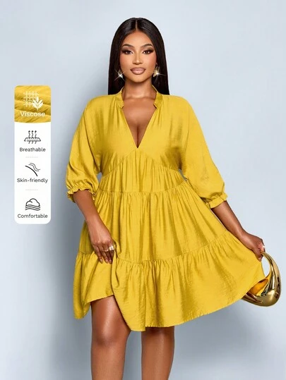 SOLERSUN Plus Size Women's Summer Solid V-Neck Batwing 3/4 Sleeve Ruffle Hem Fashionable Sexy Casual Dress, Suitable For Party, Leisure And Commute,Ginger,Splicing Segmented Dress,Graduation Dress,Halloween Costumes,Fall Outfits For Women,Can Be Paired With A Leather Jacket,Fall And Witer