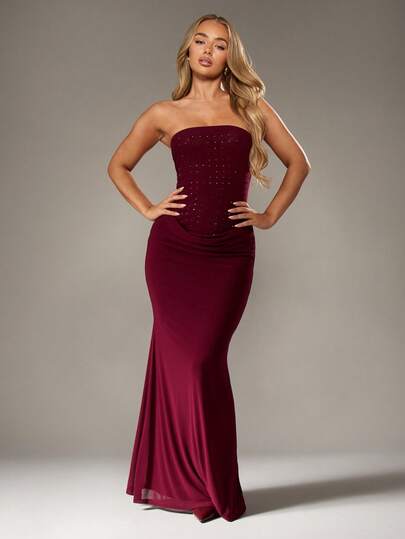 MISSGUIDED Elegant Strapless Mermaid Evening Gown Crystal Embellished Formal Dress Wedding Guest Floor Length Bodycon Prom Ball Gown Special Occasion Dress