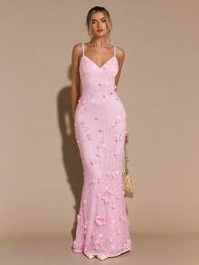 SHEIN BAE Elegant Long Lace Beaded Sequin Slip Dress, Formal Lace Sequin Dress, Pink Dress, Sexy Corset Lace Dress, Suitable For Formal Occasions, Cocktail Party, Club, Wedding Guest Attire, Birthday Party Dress, Bridesmaid Dress,Wedding Guest Dress Women - Pink - View 5