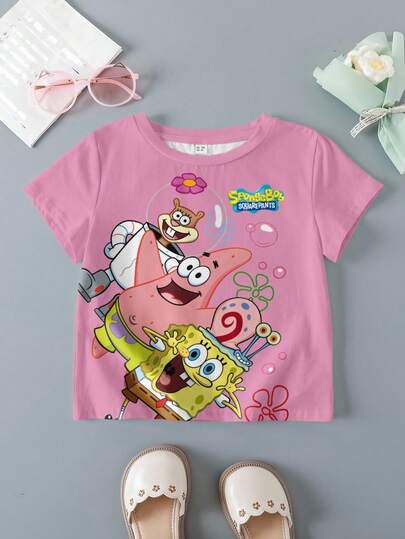 SpongeBob SquarePants | SHEIN Camiseta de manga corta con cuello redondo y estampado de dibujos animados lindos para niña, verano