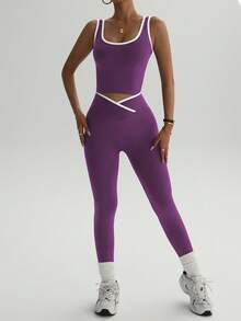 Easithlete 女士休闲瑜伽撞色运动文胸和紧身裤套装 - 紫色 - 查看 4