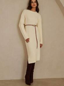 Aveloria Vestido de suéter de cuello redondo de punto suelto de manga larga, estilo de viaje - Blanco - Ver 5