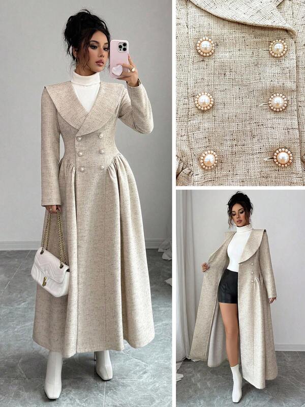 Elenzga معطف طويل الأكمام مزين بأزرار اللؤلؤ بطراز فرنسي أنيق وأنيق، ذو صدر مزدوج، بتصميم متجعد على شكل حرف A، باللون البيج