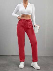 RueChic Solid Drawstring Waist Sweatpants - Burgundy - View 3