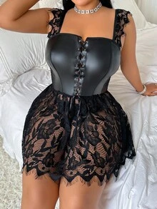 AltCore 2 件套蕾丝和 PU 拼接音乐节内衣，吊带连衣裙 + 丁字裤，加大码，性感 - 黑色 - 查看 5