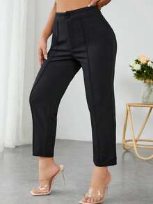 SHEIN EZwear 大码女式纽扣装饰牙签图案休闲黑色长裤