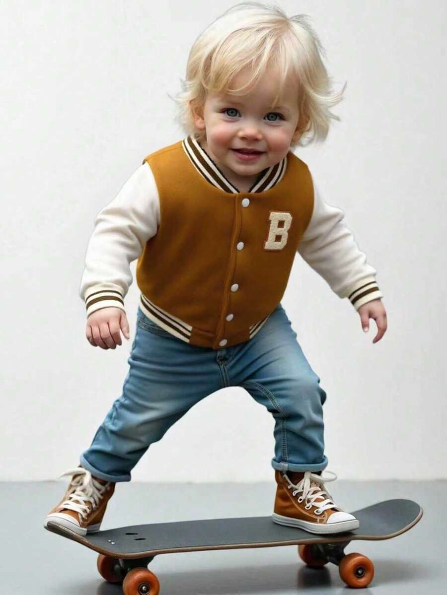 SHEIN Baby Boy Casual Daily Sports Streetwear Letter Embroidered Patch Baseball Jacket Long Sleeve, Suitable For Autumn & Winter - Brown - View 1