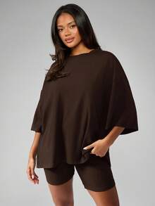 MISSGUIDED Oversized Two Piece Co Ord Set With Wide Sleeves Biker Shorts Loungewear Casual Spring Fall Outfit With Pockets Comfortable Matching Set For Everyday Wear - Brown - View 1