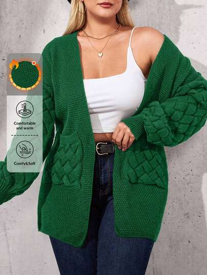 EURMUSE Plus Size Women's Solid Color Drop Shoulder Long Sleeve Dual Pocket Casual Knit Cardigan