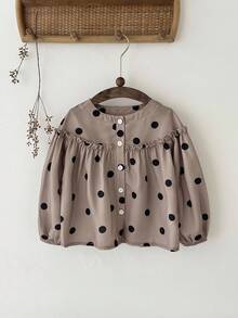 SHEIN 女童可爱波尔卡圆点印花泡泡袖休闲衬衫，适合日常外出、聚会和户外活动