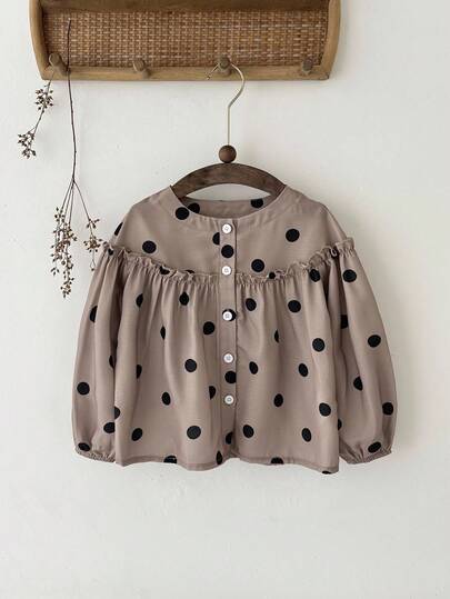 SHEIN 女童可爱波尔卡圆点印花泡泡袖休闲衬衫，适合日常外出、聚会和户外活动