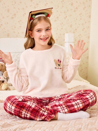 SHEIN Tween Girl Reversible Flannel Cartoon Bear Embroidered Plaid Pajama Set Teen Girl Pajama Set Teen Girl Fluffy Matching Pjs Cute Pajamas For Teen Girl Girls Pajama 10 To 14 Years Girls Lounge Wear, For Christmas