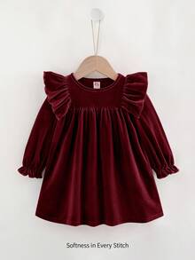 Cozy Pixies Vestito a maniche lunghe per bambina, in maglia tinta unita, con collo rotondo, volant all'orlo e vita stretta