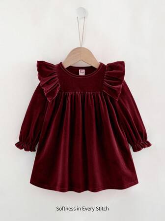 Cozy Pixies Baby Girl Solid Color Knitted Soft Round Neck Ruffle Hem Cinched Waist Long Sleeve Dress