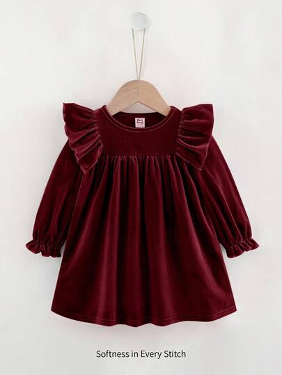 Cozy Pixies Rochie pentru bebeluși cu mânecă lungă, tricotată, cu guler rotund, tiv și volane, în talie, cu model uni