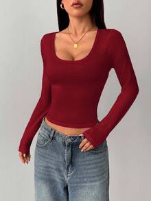 SHEIN PETITE Camiseta básica de manga larga de unicolor negro con cuello de barco y ajuste ceñido, adecuada para verano, otoño/invierno, de estilo minimalista y casual para mujer en color borgoña