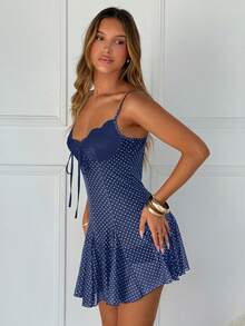 SHEIN EZwear Navy Blue Polka Dot Casual Vacation Spaghetti Strap Mini Dress Polka Dot Dress Lace Trim Dress Short Blue Dress Lace Dress,Dresses For Women Party