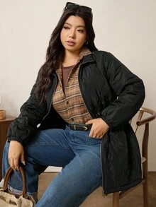 Zelara Plus Size Women's Black Winter Coat,Casual Hiking Long Sleeve Drawstring Waist Loose Chic Zip Up Hooded Autumn Winter Fall Jacket Tops - Black - View 8