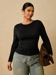 Freevana Plus Size Women Black Long Sleeve Round Neck Thermal Undershirt, Waist Ruched Tummy Control T-Shirt Long Sleeve Black Top Black Tops Curve Fitted Tops Women Long Sleeve Tops Plus Solid Color Ribbed Knit T Shirt/Fall/Winter Solid Color T Shirt Plus Size Top Cozy Fall And Winter Clothes For Women Elegant